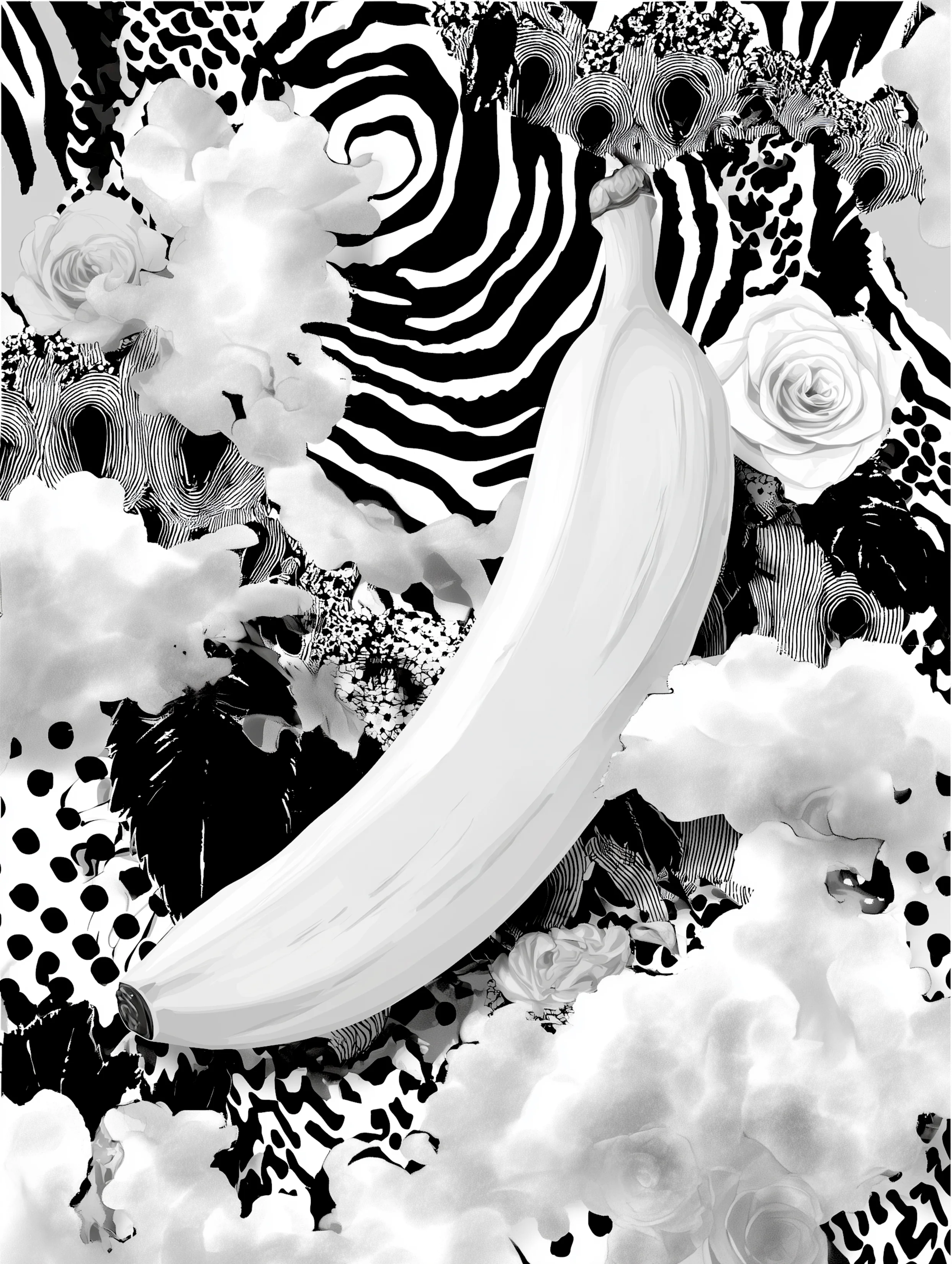 Free printable banana coloring page for adults featuring swirly banana trippy background